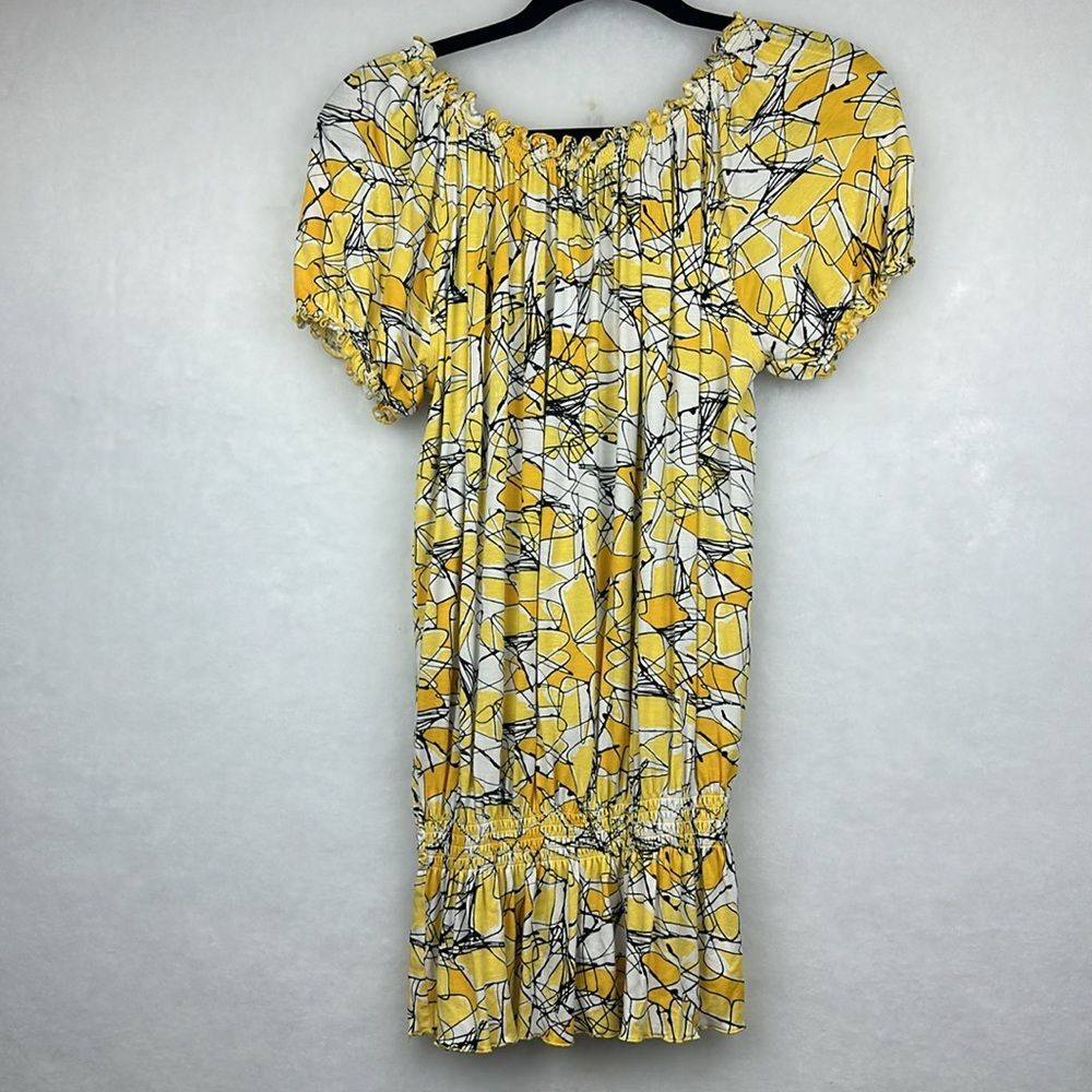 Cable&Gauge women's petite Medium yellow geometric elastic cap sleeves Top - Picture 6 of 8